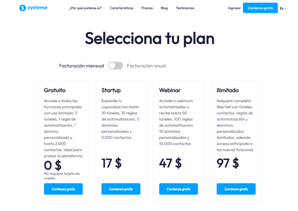 Systeme.io plans.